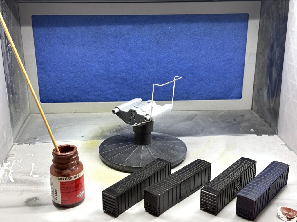 Painting N scale freight cars, spray booth