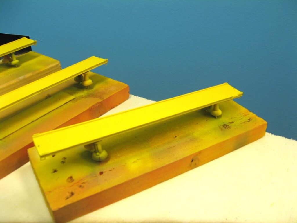 Discontinued 89' flatcars (N Scale Kits) freshly painted.
